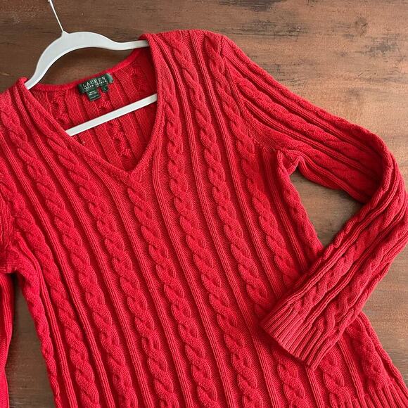 Ralph Lauren Women's V-Neck Cable Knit Red Orange Sweater 100% Cotton Size Large - Picture 2 of 6